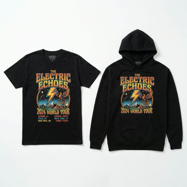 Custom printed band merch t-shirts on a table